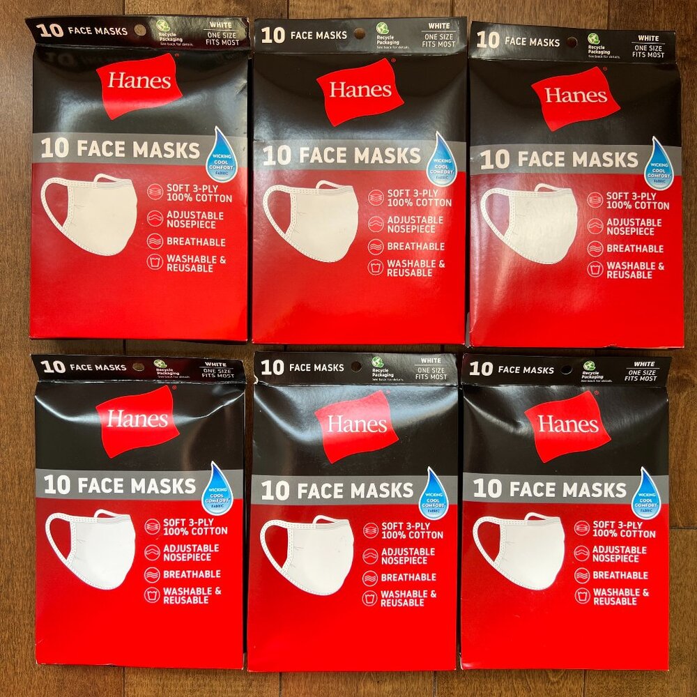 Hanes White Face Masks 100% Cotton Fabric Washable & Reusable, 6 Pack of 10 -NEW